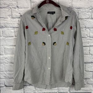 Impressions Gray and White Striped Shirt Embroidered Fall Acorn Size 10